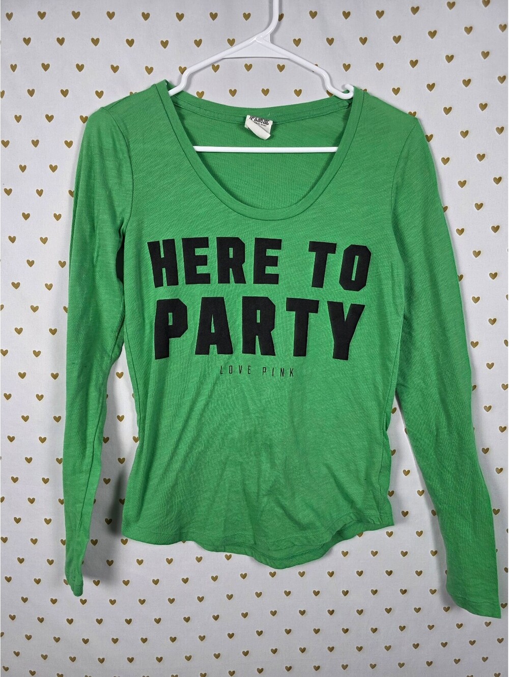 PINK Victoria's Secret Here To Party Graphic Tee Long Sleeve Neon Green XS